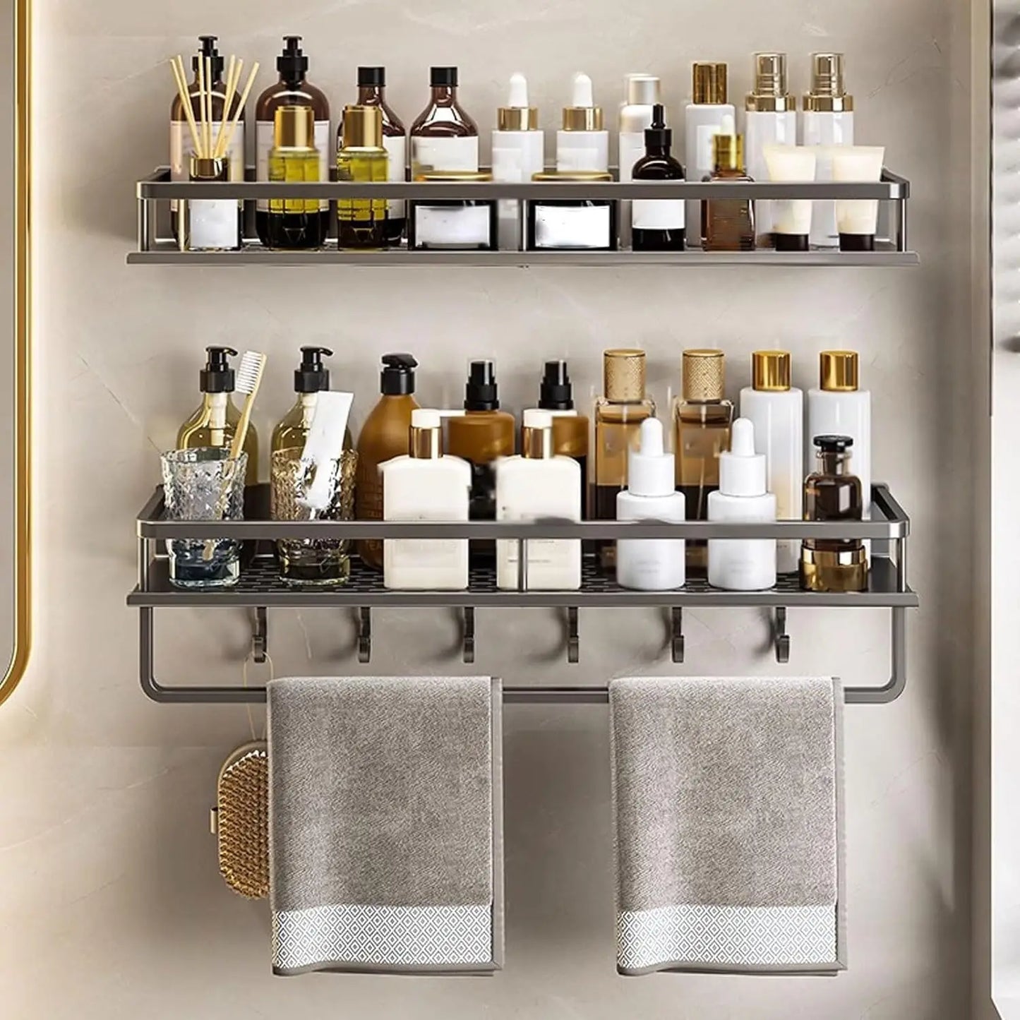 No-Drill Wall Shower Shelf with Hooks